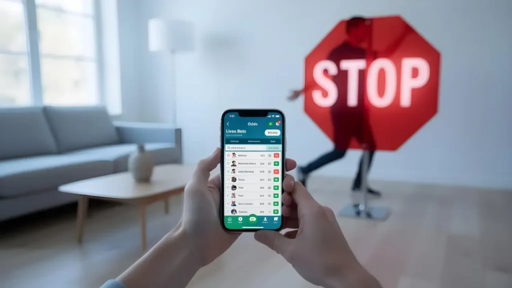 Smartphone with betting app in foreground and blurred stop sign in background symbolizing restricted access

