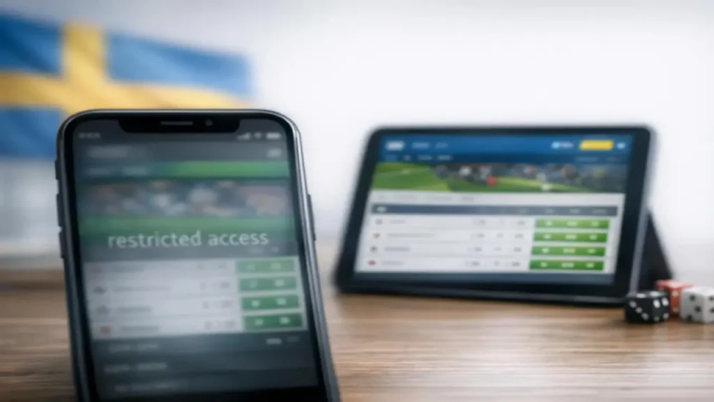 Restricted access message on betting app with alternative betting platform on tablet in background