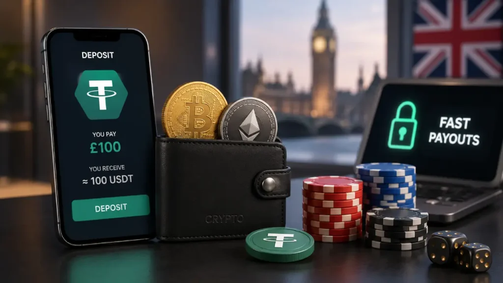£100 crypto casino deposit converted to USDT with Bitcoin, Ethereum, casino chips and a UK backdrop, illustrating conversion fees and hidden deposit costs.